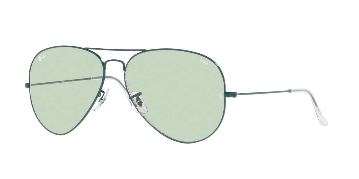 Aviator sunglasses with light mint lenses and light silver frame, side view