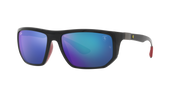 Ray-Ban sunglasses with dark frame and blue mirrored lenses, wide square face shape