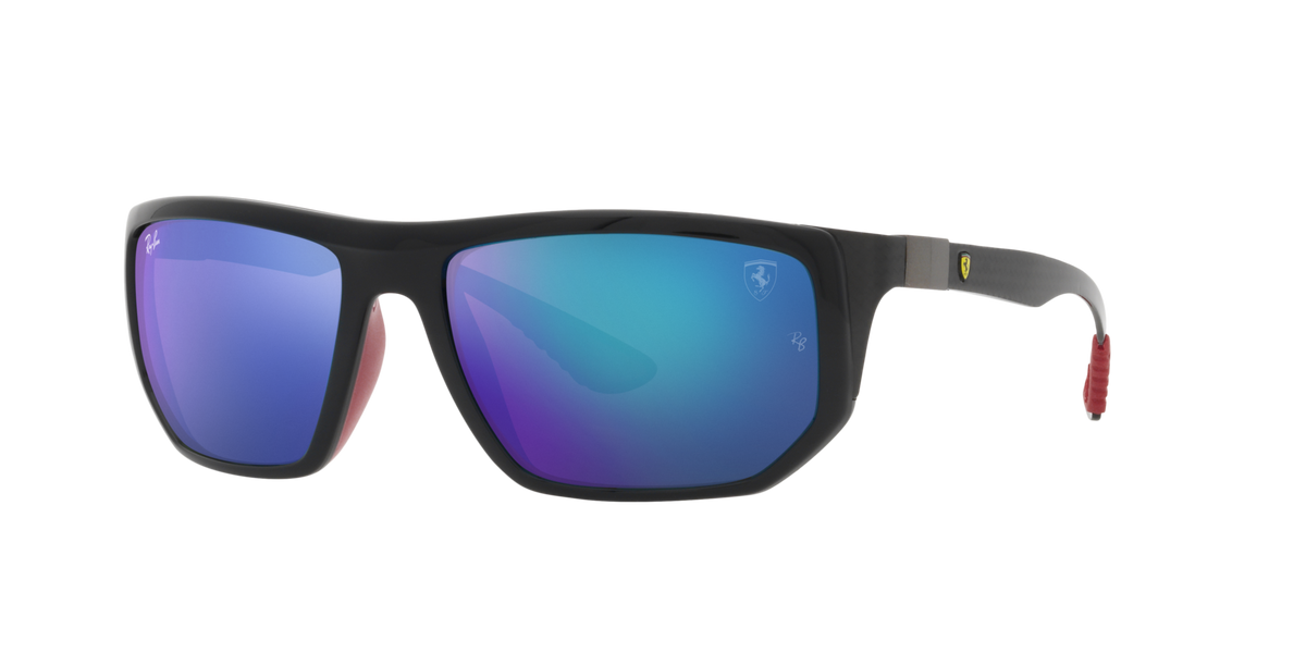 Ray-Ban sunglasses with dark frame and blue mirrored lenses, wide square face shape
