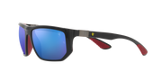 Ray-Ban sunglasses with black frame, blue mirrored lenses, and red accent temples
