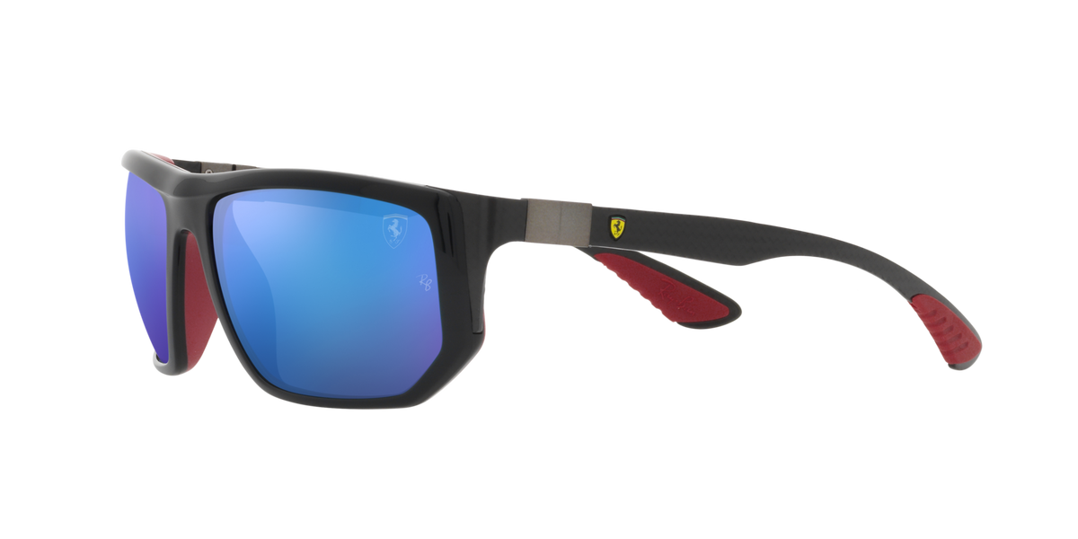 Ray-Ban sunglasses with black frame, blue mirrored lenses, and red accent temples