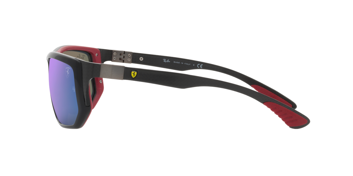 Ray-Ban sunglasses with dark frame and blue mirrored lenses, red temples