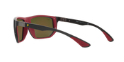 Ray-Ban sunglasses with red frame and olive mirrored lenses, angular square shape
