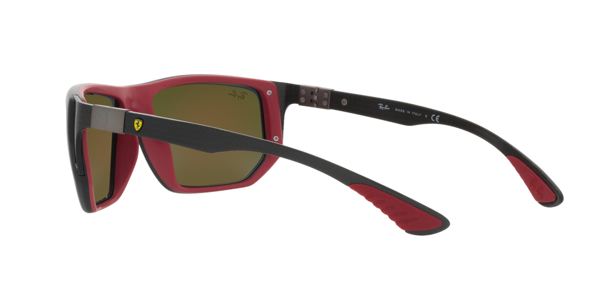 Ray-Ban sunglasses with red frame and olive mirrored lenses, angular square shape