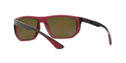 Ray-Ban sunglasses with red frame and olive lenses, thick sculpted brow