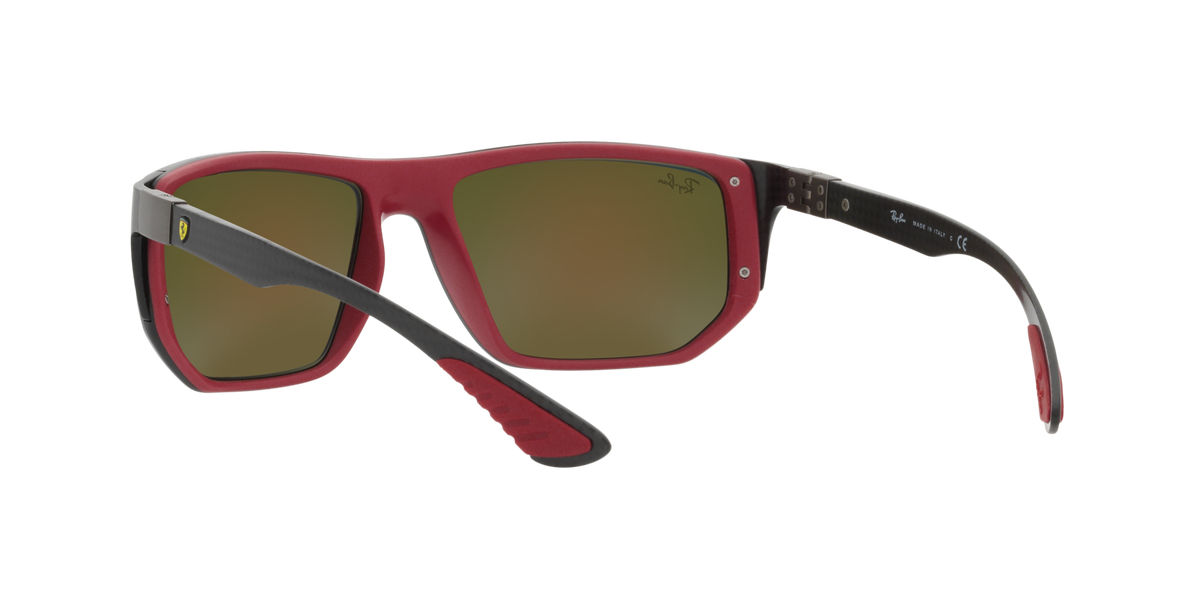 Ray-Ban sunglasses with red frame and olive lenses, thick sculpted brow