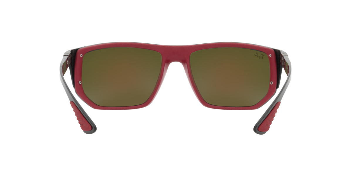 Ray-Ban sunglasses with red frame and olive mirrored lenses, low-profile square design