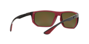 Ray-Ban sunglasses with red frame and olive mirrored lenses, side profile view