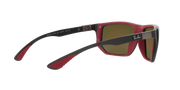 Ray-Ban sunglasses with red frame, green-brown mirrored lenses, black top bar