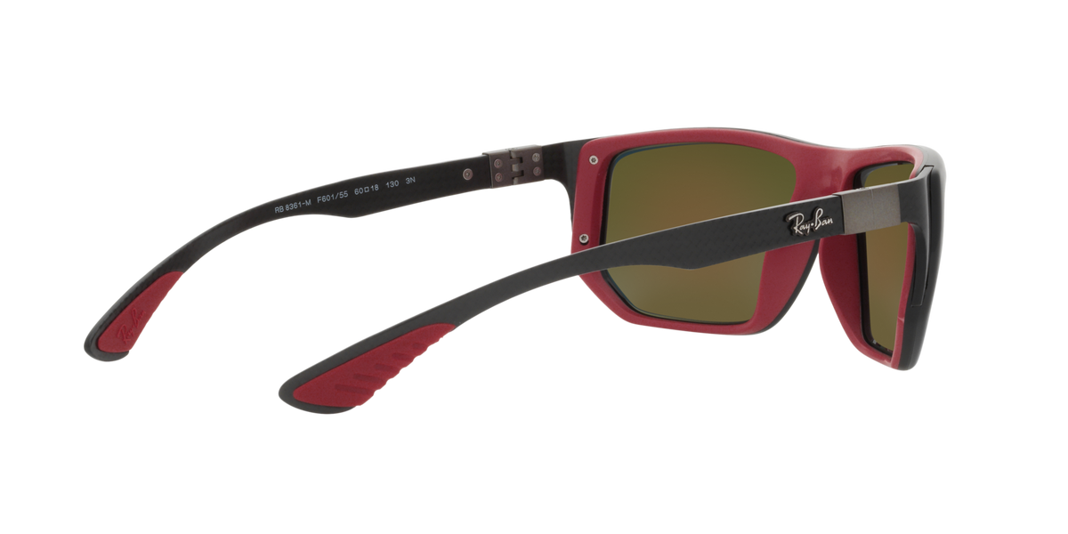 Ray-Ban sunglasses with red frame, green-brown mirrored lenses, black top bar