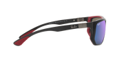 Ray-Ban sunglasses with red-and-black frame and blue mirrored lenses, side angle