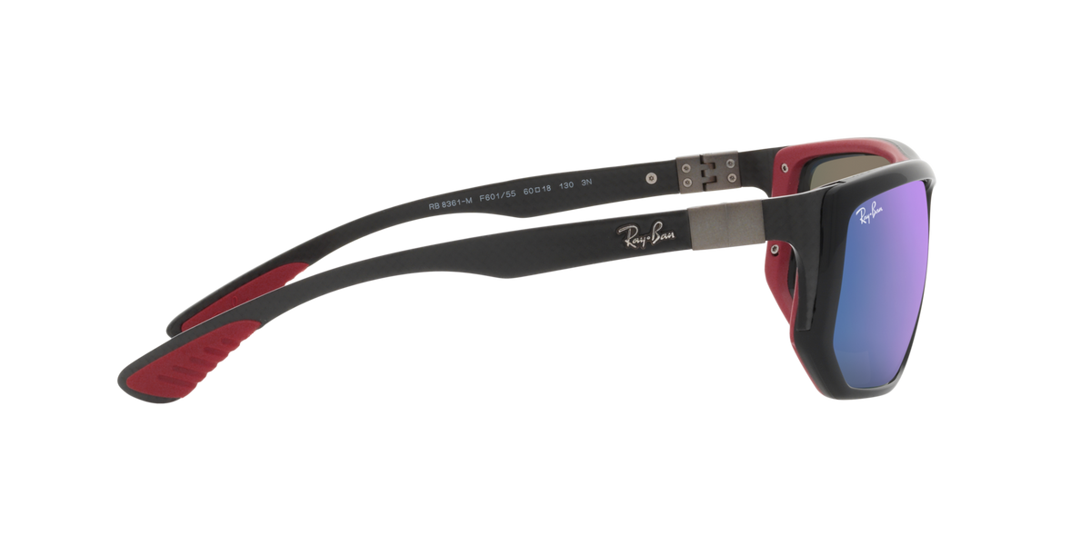 Ray-Ban sunglasses with red-and-black frame and blue mirrored lenses, side angle