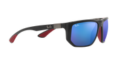 Ray-Ban RB8361M sunglasses with dark frame and blue mirrored lenses, red temple tips