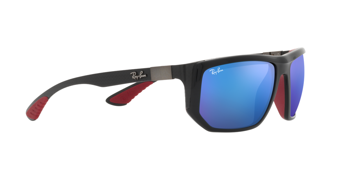 Ray-Ban RB8361M sunglasses with dark frame and blue mirrored lenses, red temple tips