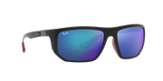 Ray-Ban RB8361M sunglasses with black frame and blue-purple mirrored lenses, red temple details
