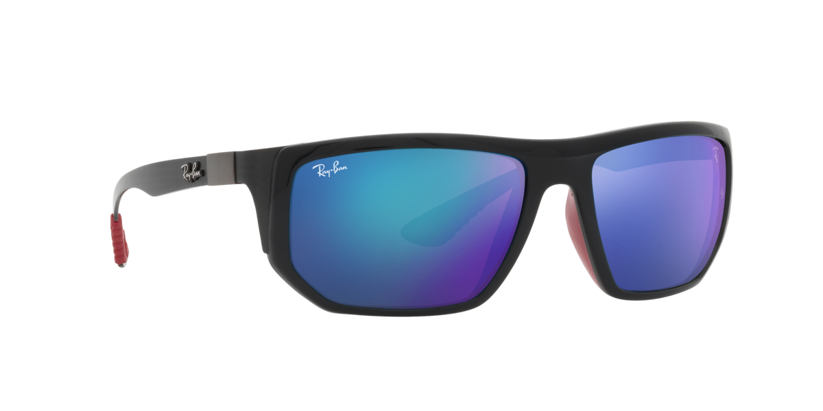 Ray-Ban RB8361M sunglasses with black frame and blue-purple mirrored lenses, red temple details