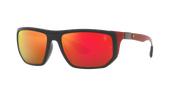 Sunglasses with black frame and orange mirrored lenses; red temple accents