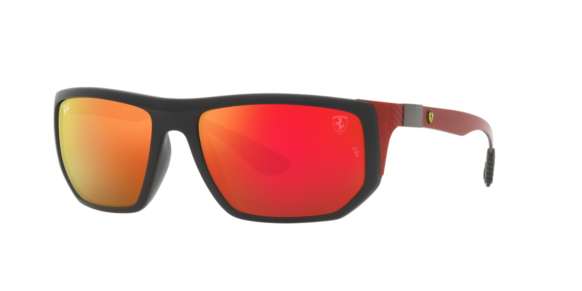 Sunglasses with black frame and orange mirrored lenses; red temple accents