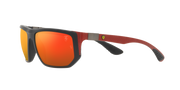 Sunglasses with dark frame, orange mirrored lenses, and brown patterned temples