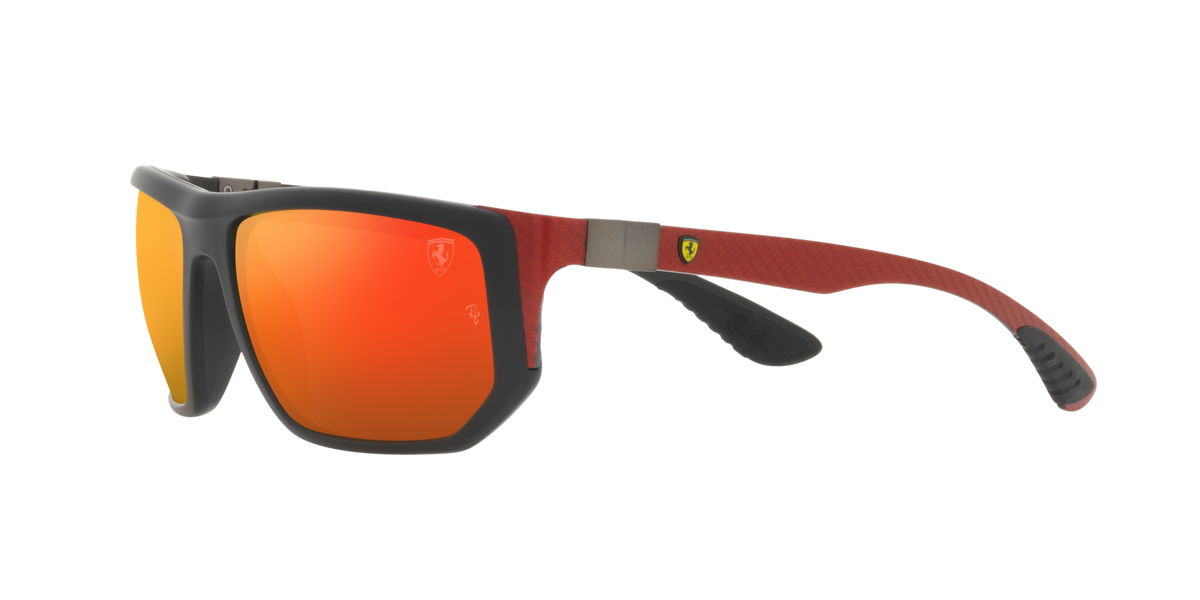Sunglasses with dark frame, orange mirrored lenses, and brown patterned temples