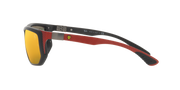 Sunglasses angled view with dark frame and yellow mirrored lenses; red temples