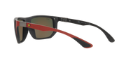 Sunglasses with dark frame, smoky lenses, and red patterned temple arms