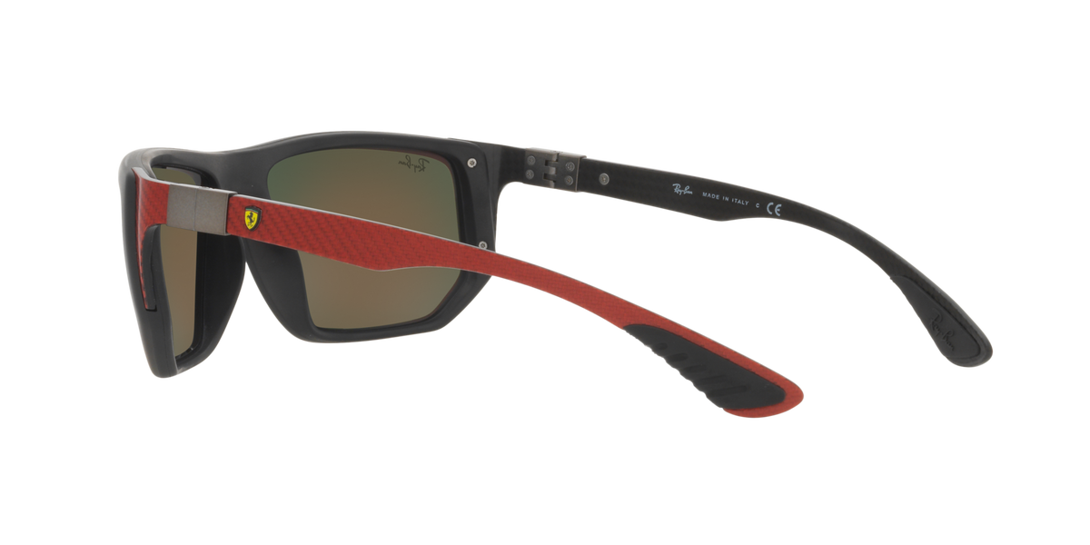Sunglasses with dark frame, smoky lenses, and red patterned temple arms