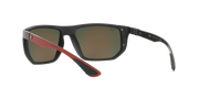 Sunglasses with grey frame, taupe lenses, and red patterned temple details