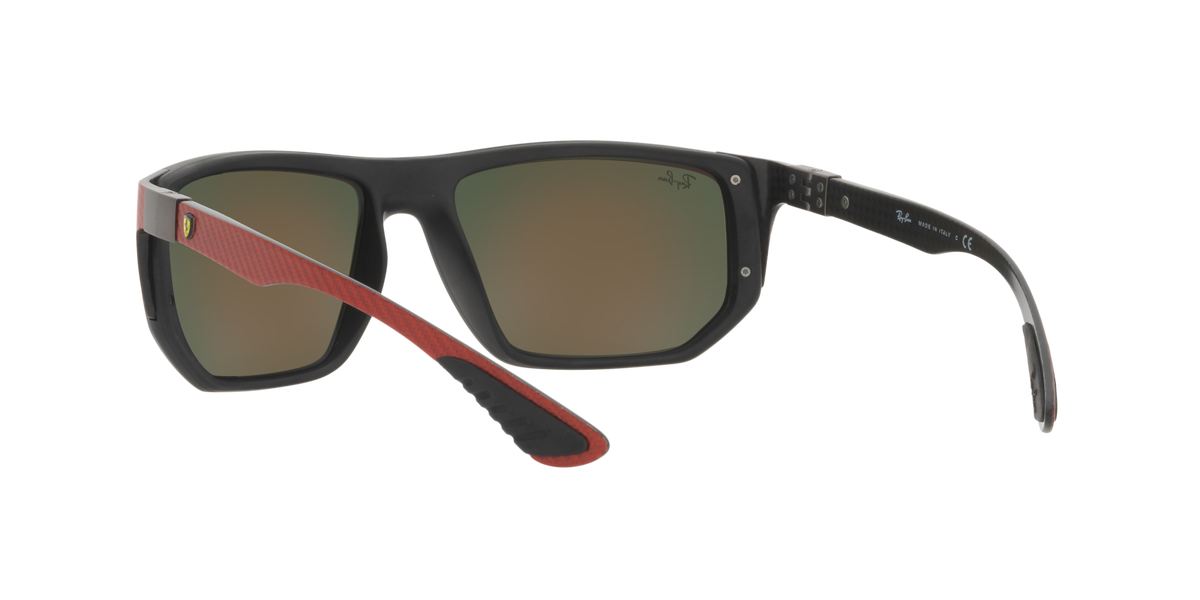 Sunglasses with grey frame, taupe lenses, and red patterned temple details