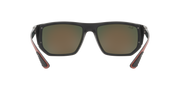 Sunglasses with dark frame and muted brown lenses; red temple tips