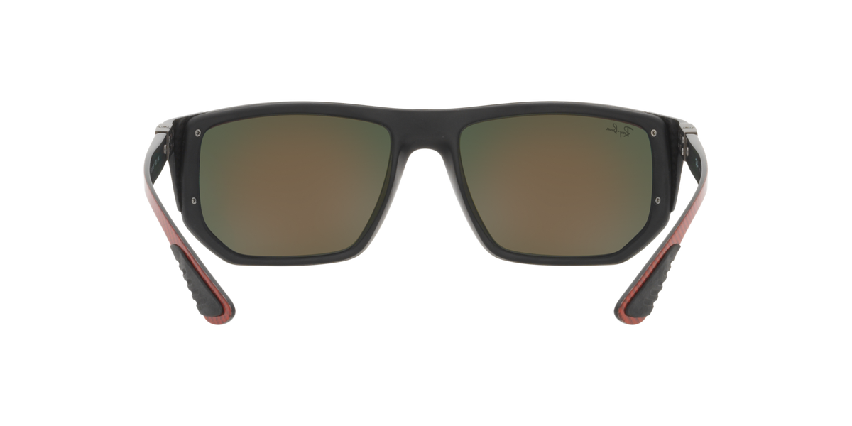 Sunglasses with dark frame and muted brown lenses; red temple tips