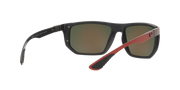 Sunglasses with dark frame, brown lenses, and red patterned side panels