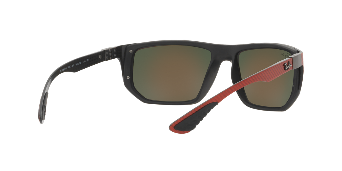 Sunglasses with dark frame, brown lenses, and red patterned side panels