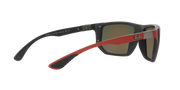 Sunglasses with dark frame, brown lenses, and red Ray-Ban temple stripe