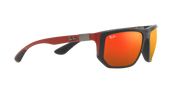 Sunglasses front view with red mirrored lenses and dark frame with orange accents