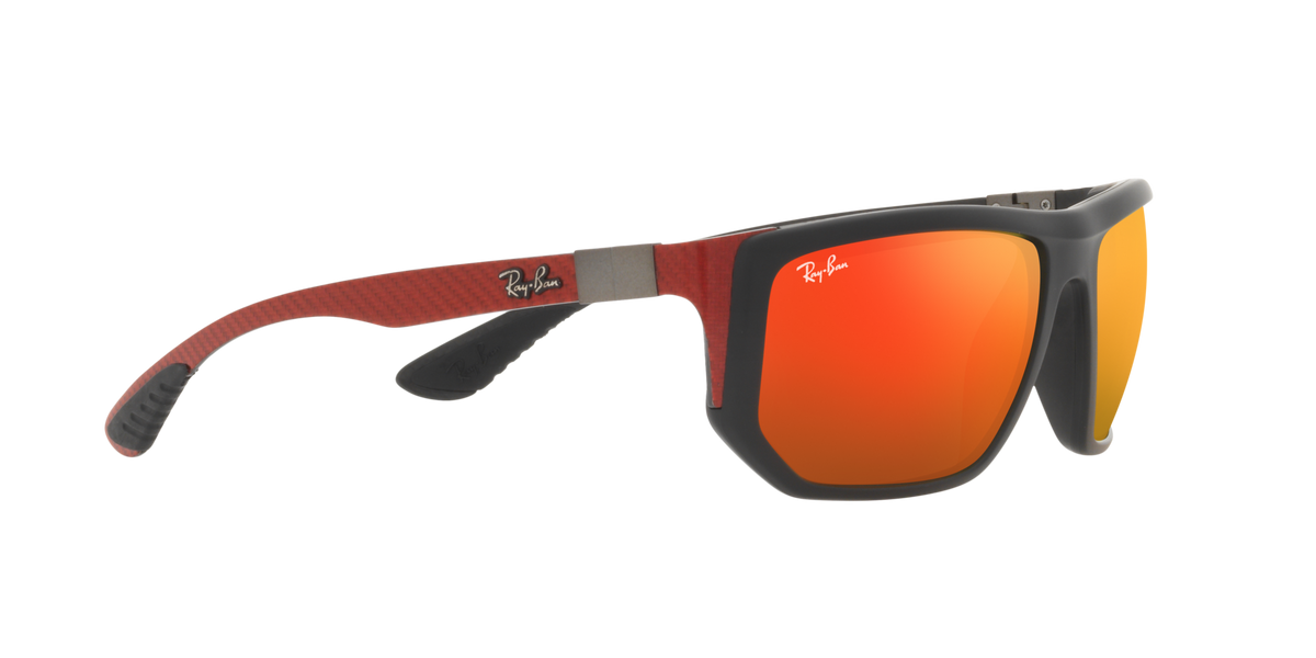 Sunglasses front view with red mirrored lenses and dark frame with orange accents
