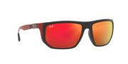 Ray-Ban sunglasses with dark frame and red mirrored lenses, square wrap style