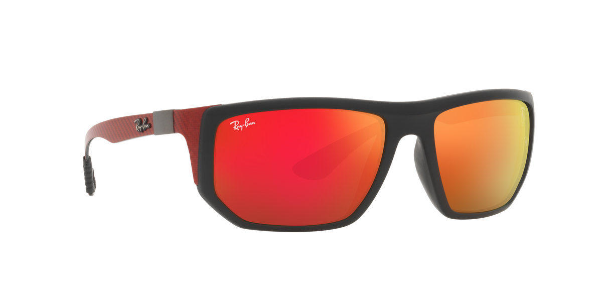 Ray-Ban sunglasses with dark frame and red mirrored lenses, square wrap style