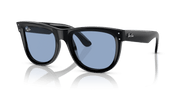 Ray-Ban sunglasses with dark frame and mirrored blue lenses, side view