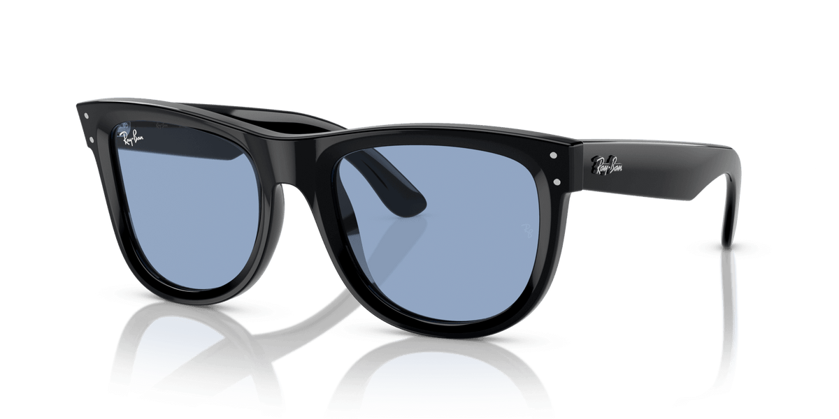 Ray-Ban sunglasses with dark frame and mirrored blue lenses, side view