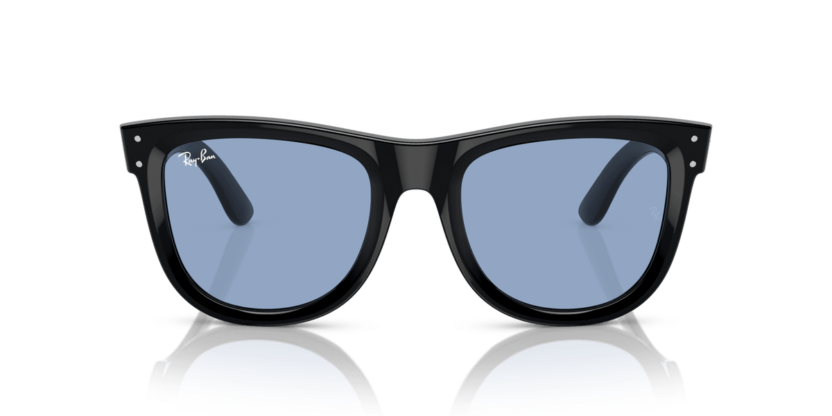 Ray-Ban sunglasses with dark frame and mirrored blue lenses, front view