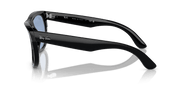 Ray-Ban sunglasses with dark frame and mirrored blue lenses, temple side profile