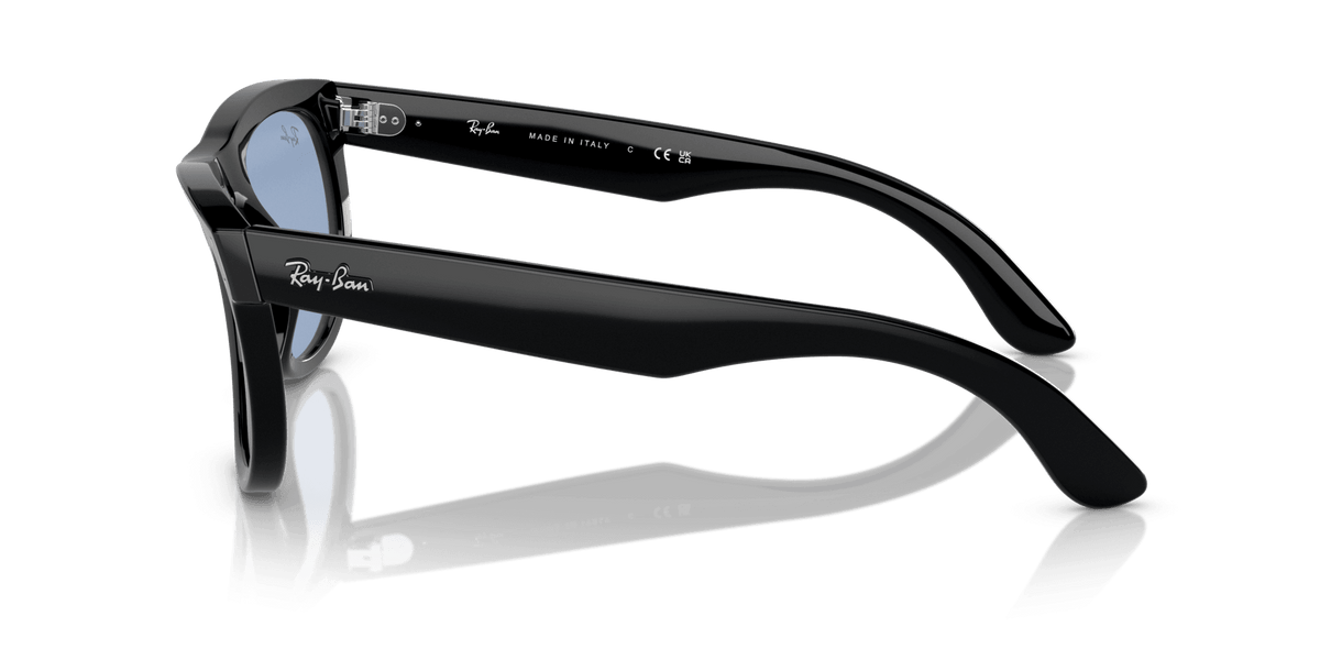 Ray-Ban sunglasses with dark frame and mirrored blue lenses, temple side profile