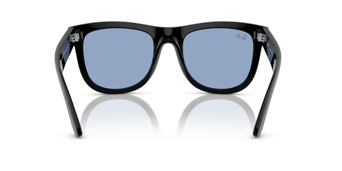 Ray-Ban sunglasses with dark frame and mirrored blue lenses, top view