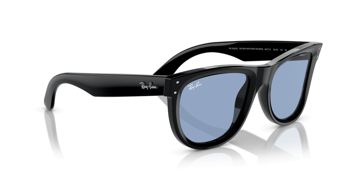 Ray-Ban sunglasses with black frame and mirrored blue lenses, angled view
