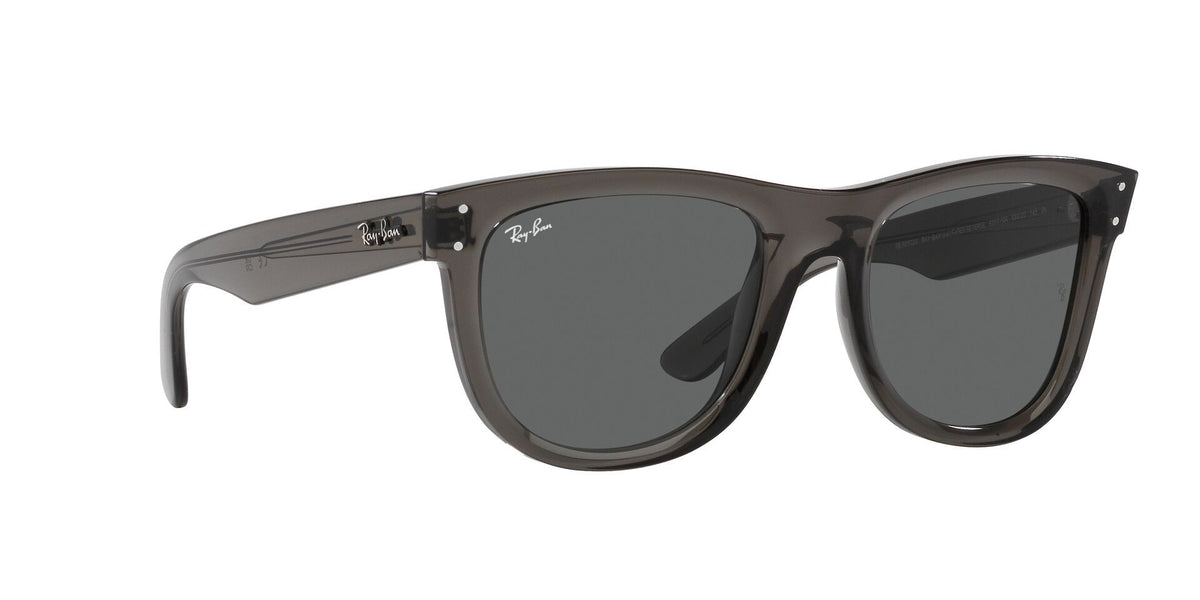 Wayfarer Reverse sunglasses, clear smoke frame with dark gray lenses, angled view