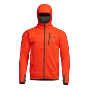 Bright orange zip-up hooded jacket with chest pocket and full front zipper.