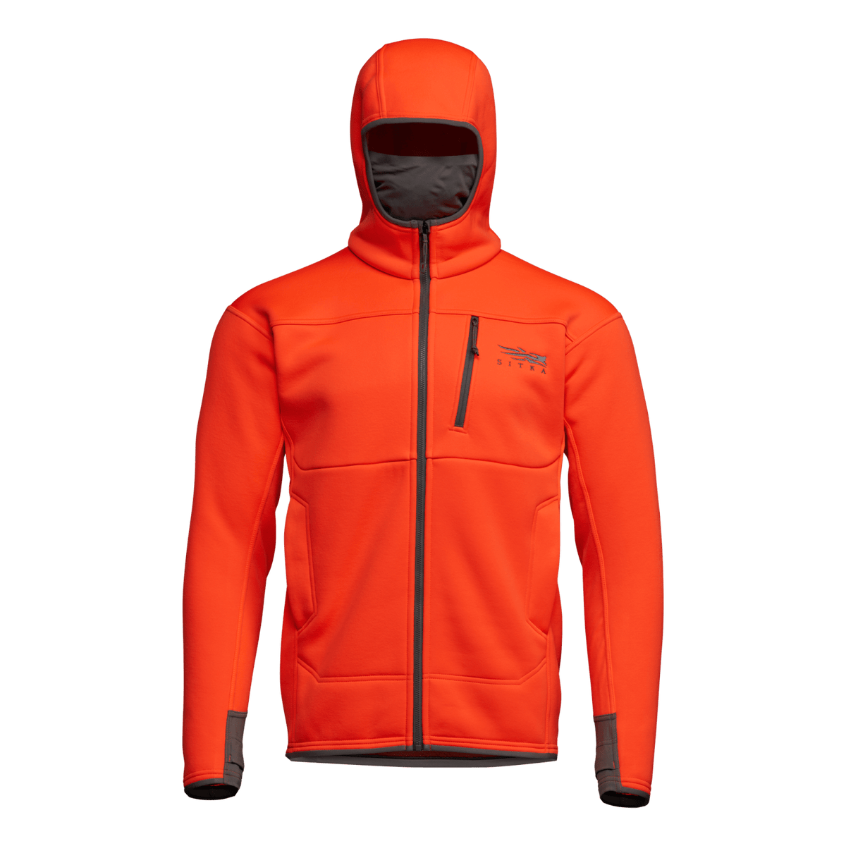 Bright orange zip-up hooded jacket with chest pocket and full front zipper.