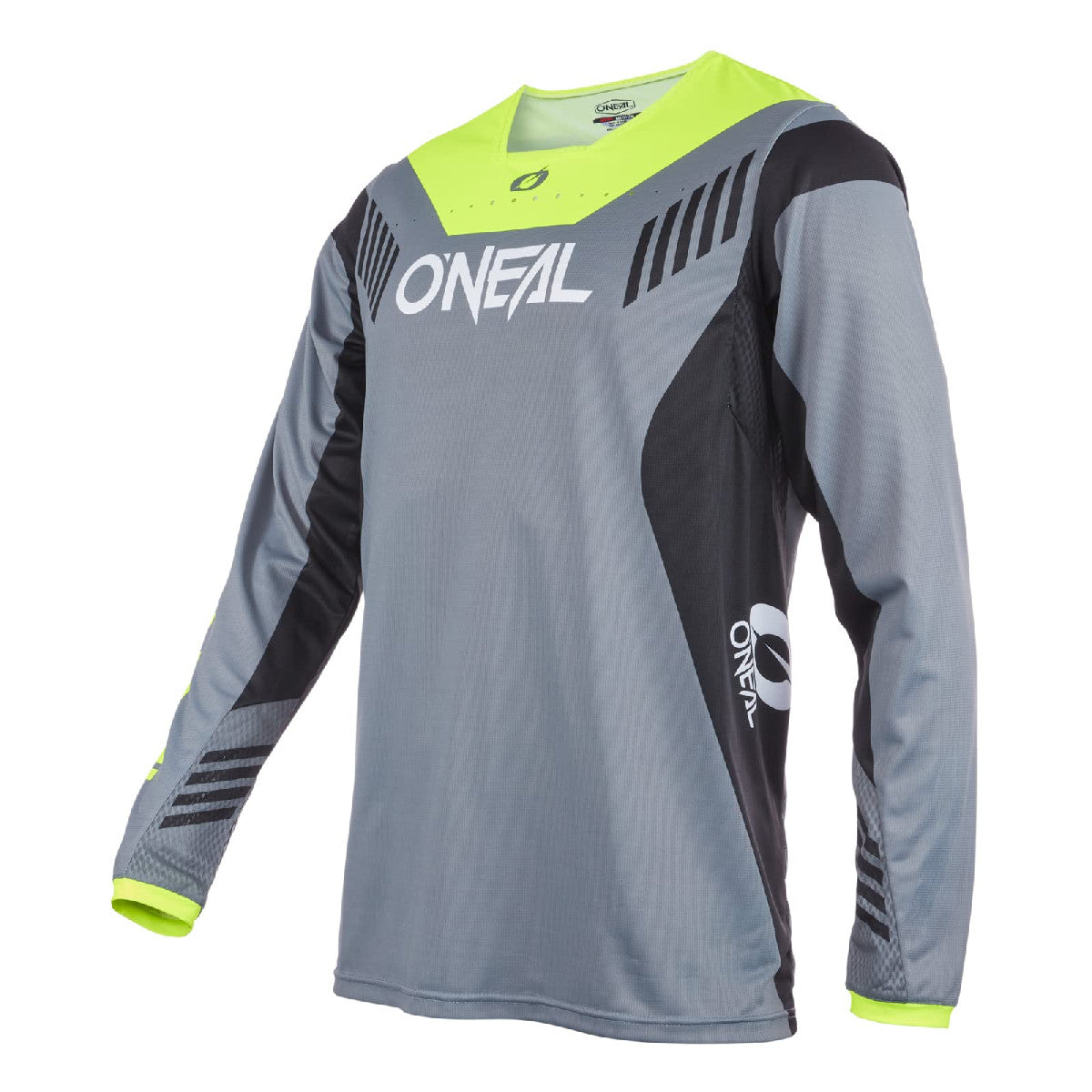 Youth FR jersey in gray with neon yellow accents, long sleeves, logo graphics.