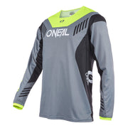 Youth FR jersey in gray with neon yellow accents, long sleeves, logo graphics.